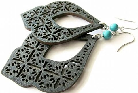 Black Wooden Marrakesh Style Filigree and Turquoise Stone Bead Modern Boho Earrings for Women