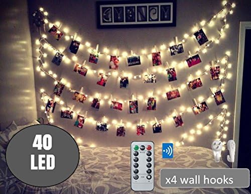 BestCircle 40 LED Photo Clip String Lights 20 Ft, Remote Control,USB Powered, Free Wall Hooks, Warm White, Timer, Christmas Card, Decoration, Wedding, Party, Christmas Lightings (2017 version)