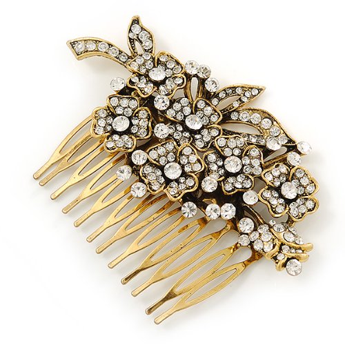Vintage Inspired Clear Austrian Crystal 'Flowers' Side Hair Comb In Antique Gold Tone - 95mm