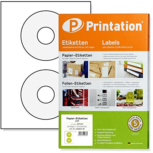 Printation CD Label Aufkleber 117 mm, 50 CD Sticker, 2 CD DVD Etiketten pro A4 Bogen, 25 Etiketten A4 Bogen, ClassicSize Rund, Bedruckbare Klebeetiketten für alle A4-Drucker, Etiketten zum Bedrucken