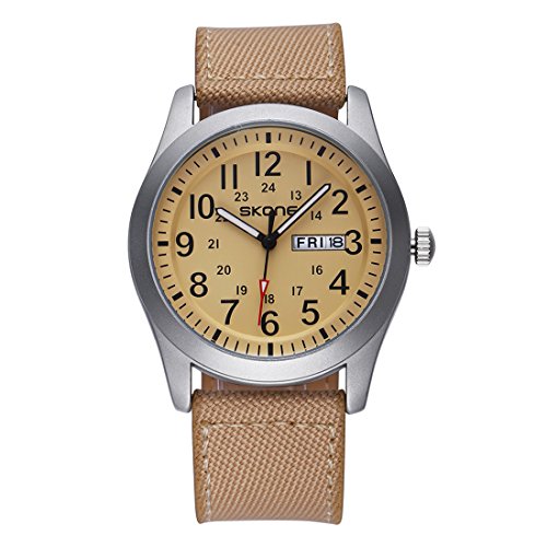SKONE Male Classic Canvas Strap Watches Men Week Date Display Waterproof Casual Army Military Watch Quartz Wristwatches Boys(Yellow)