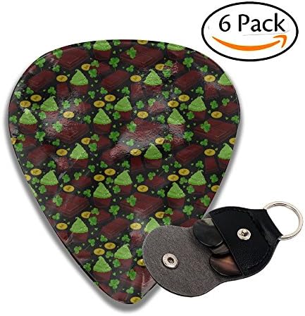 St Patrick S Day Clover Leaves Chocolate Bars Cupcakes Coins Guitar Picks Plectrums Celluloid For Bass Ukulele Includes Thin, Medium, Heavy Gauges With Leather Pick Holder 6 Pack Same Pattern