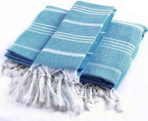 Cacala Pure Series Turkish Bath and Hand Towel Set (2-Pieces) - Traditional Peshtemal for Bathroom and Kitchen - Ultra-Soft, Hypoallergenic, 100% Natural Cotton (Aqua)