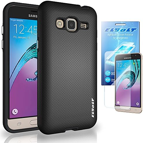 ElBolt Dual Layer Air Hybrid AIRID Bumper Case with HD Screen Protector for Samsung Galaxy J3 (2016) Amp Prime - Rugged Black