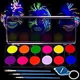 Glow in The Dark Paint - UV Reactive Fluorescent Face & Body Paint - 12 x 10ml Professional Best Quality Paints - Glow in The Dark Blacklight Reactive Costume Makeup Party Supplies - Free Stencils