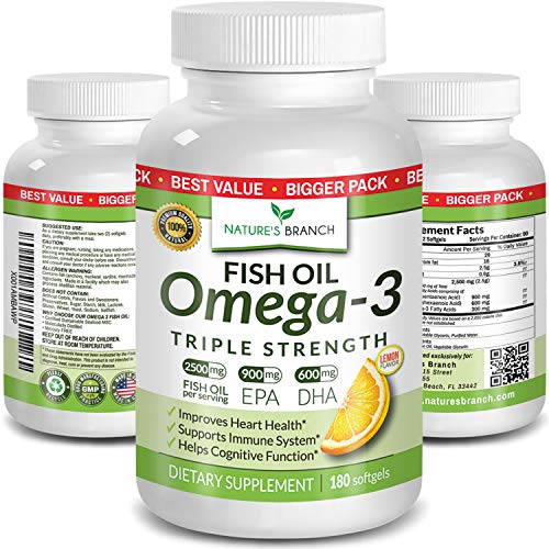 Best Triple Strength Omega 3 Fish Oil Pills - 180 Capsules - 2500mg High Potency Burpless Lemon Flavor 900mg EPA 600mg DHA Ultra Pure Liquid Softgels for Brain Joints Eyes Heart Health Supplement