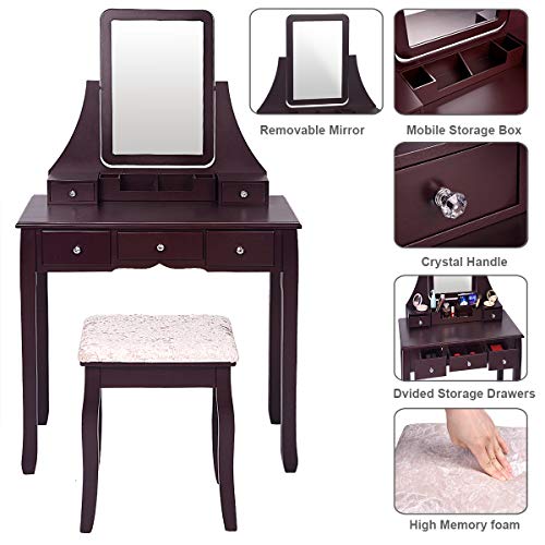 Amooly Vanity Set with Mirror,5 Sliding Drawers, Removable Makeup Organizer,Cushioned Stool Dressing Table Vanity Makeup Table - Thumbnail 3