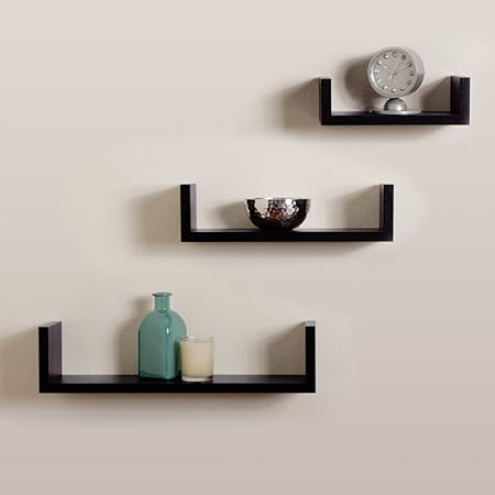 Santosha Decor U-Shape MDF Floating Wall Shelves for Decoration and Living Room Furniture, Standard (Black Metallic Paint, SD46) - Set of 3