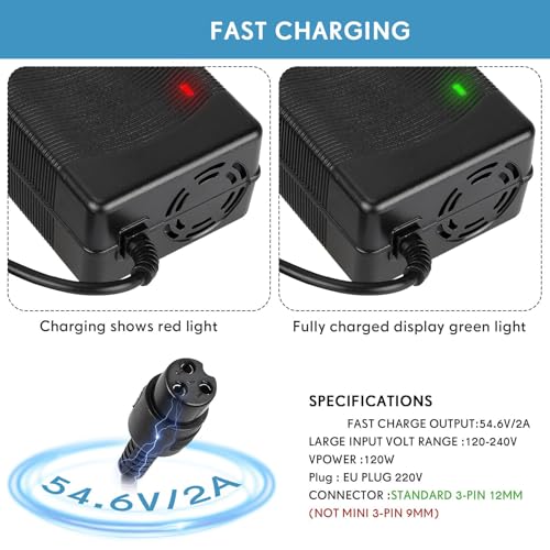 Electric Scooter Charger, 54.6V 2A Scooter Charger, Fast Battery Charger for Electric Scooters, Mobility Scooters Battery Recharge, 48V Universal Power Adapter Chargering for Lithium Battery