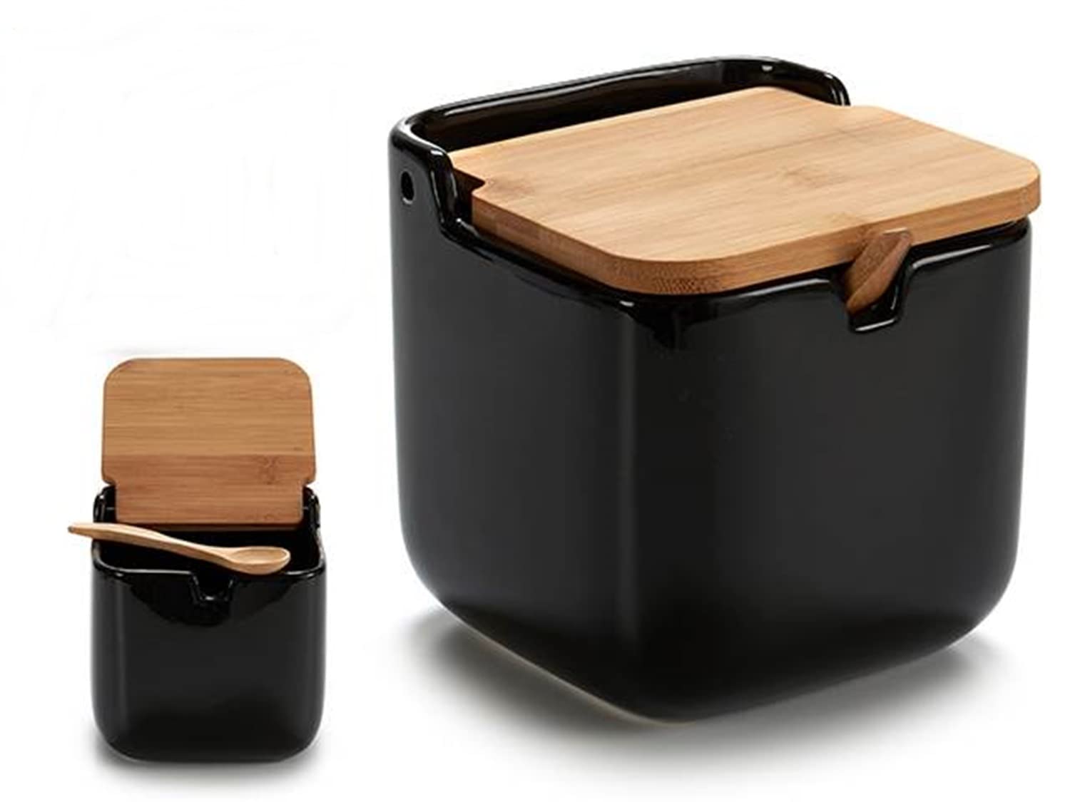 Konighoffer Salt Container with Spoon Ceramic Sugar Storage Bamboo Wood with Spoon Black (21952)