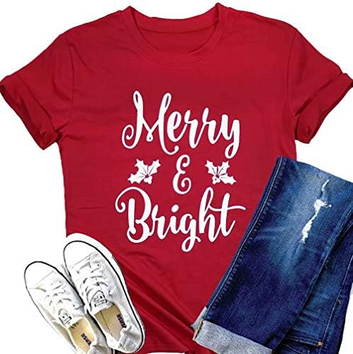 MAXIMGR Merry and Bright Shirts Women Christmas Letter Print Tee