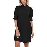 YEXPINE Women's Puff Short Sleeve Stand Ruffle Collar Summer Dress Casual A Line Shift Mini Dress with Pockets
