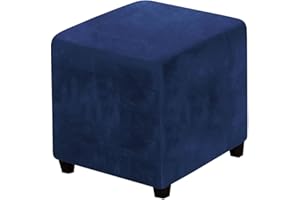 LEXFORT Velvet Ottoman Covers Slipcover Square Footstool Protector Covers Storage Stool Ottoman Covers Stretch with Elastic Bottom Small Navy