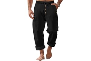 TRFIC Mens Cotton Linen Pants Casual Summer Vacation Baggy Beach Pants Buttoned Drawstring Yoga Trousers with Pockets