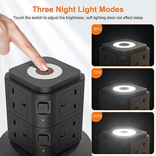 Extension Plug Tower, bedee Tower Extension Lead with Surge Protection, Power Strip Tower with Night Light, 3 USB Slots and 8 Way Outlets, 3M Extension Cord