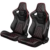 BRAUM Elite-X Series Racing Seats &ndash; Black Leatherette with Red Stitching and Piping &ndash; Reclining Seat Set with Carbon Fiber Backing &ndash; Set of 2 (BRR1X-BDDRS)