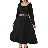 Jayscreate Women's 2025 Knit Ruffle A-line Work Dress Pockets Fall Spring Elasticized Empire Waisted Long Vintage Dress