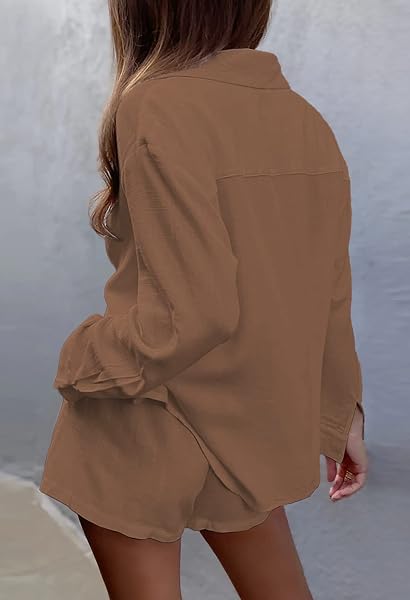DEEP SELF LOUNGE SETS 2 PIECE BUTTON UP PAJAMAS FOR WOMEN LONG SLEEVES SHIRT AND SHORTS MATCHING LOUNGEWEAR WITH POCKETS BROWN