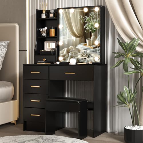 Saimeihome Dressing Table with LED Mirror, Modern Black Makeup Table with Stool, 6 Drawers and 6 Storage Shelves, 3 Lighting Modes, Bathroom Desk for Bedroom (80 x 36 x 130 cm)