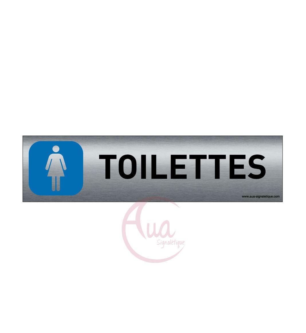 AUA SIGNALETIQUE - Plaque de porte Aluminium brossé imprimé AluSign - 200x50 mm - Double Face adhésif au dos - Impression UV directement sur l'aluminium (Pas de contre collage) (Toilettes Femme)