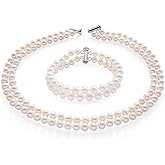 Elegant Double-Strand Freshwater Pearl Necklace Bracelet and Earrings Set for Women | 7-8mm White Pearls Necklace - Perfect for Weddings, Gifts, and Formal Events