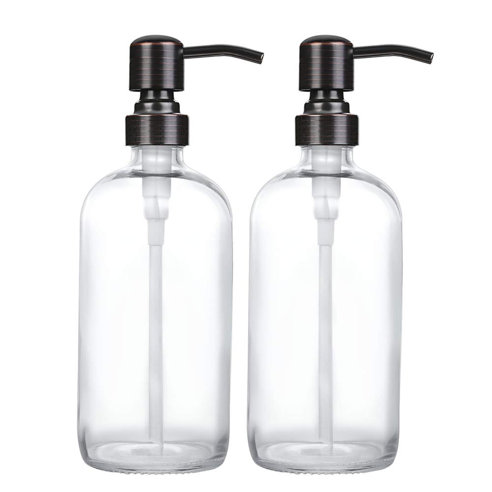 2 Pack Thick Clear Glass Boston Round Bottles /Oil Rubbed Bronze Stainless Steel Pumps, 16 Ounce Jar Soap Dispenser with Rustproof Pump for Essential Oil, Liquid Soap