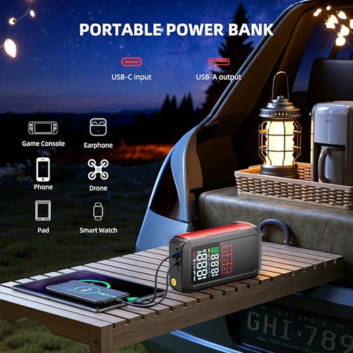 5000A Car Battery Jump Starter with Air Compressor 160PSI, Portable Battery Jumper Starter 7.0L Gas/6.0L Diesel, Jumper Box for Car Battery, Jumper Cables, Power Bank & Light
