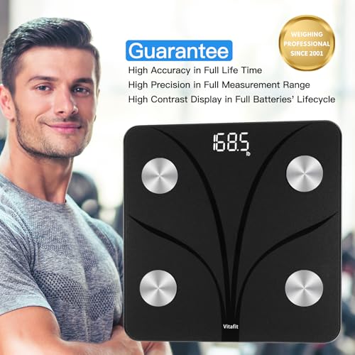 Vitafit Bluetooth Connected Personal Scales, Body Fat and Body Fat Scales with 13 Body Data (BMI/Body Fat/Bone Mass), 182 kg Black