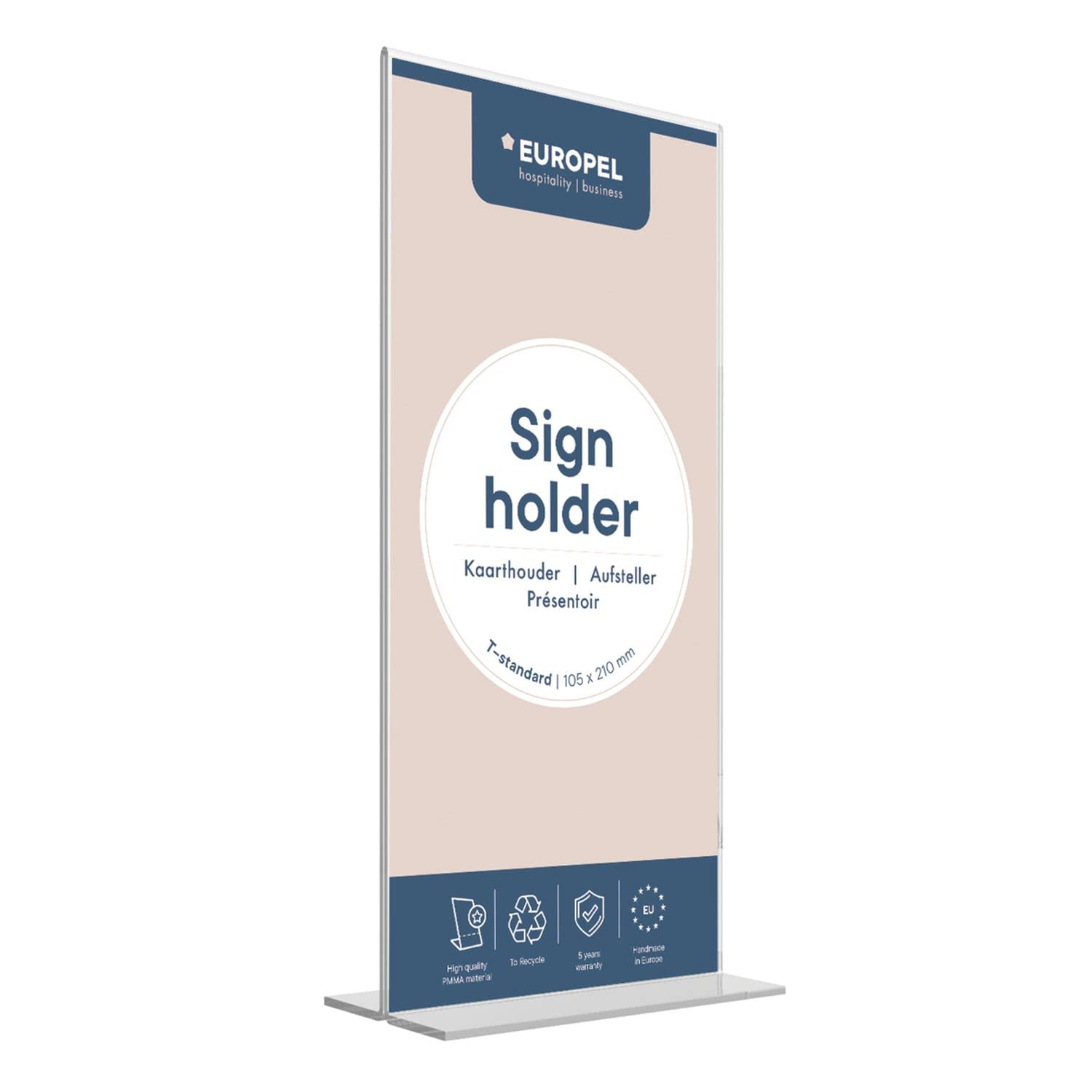 EUROPEL Sign Holder (T-Standard, 105x210mm Size, Portrait) – Clear Acrylic Construction – Double Sided Poster, Menu & Leaflet Display Holder with Acrylic Base – Free Standing Design