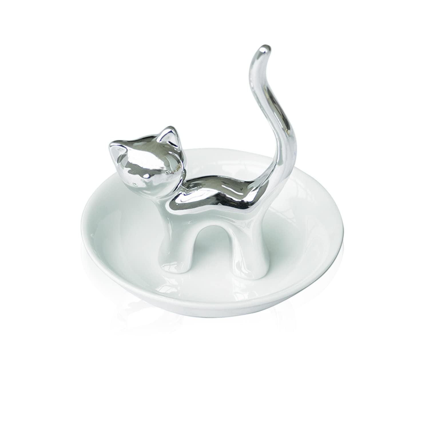 LEPENDOR Cute Animals Cat Ring Holder Ring Dish Jewelry Holder Rings Bracelets Earrings Trinket Tray for Women Girls Birthday Gift - Silver Cat