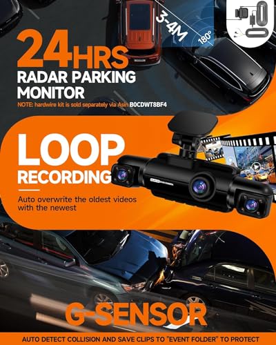 Neideso 360° Dash Cam Front and Rear Inside, 4 Channel FHD 4 * 1080P, Wi-Fi GPS Voice Control Car Camera, Front 2K+1080P*2 Dash Camera for Cars, with 64GB SD Card, Night Vision, 24H Parking Mode(N300)