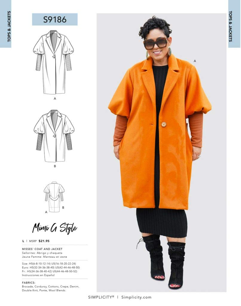 SIMPLICITY SS9186U5 U5 (16-18-20-22-24) Misses' Single Breasted Coat & Jacket with Puffed Sleeves & Ribbed Knit Details by Mimi G