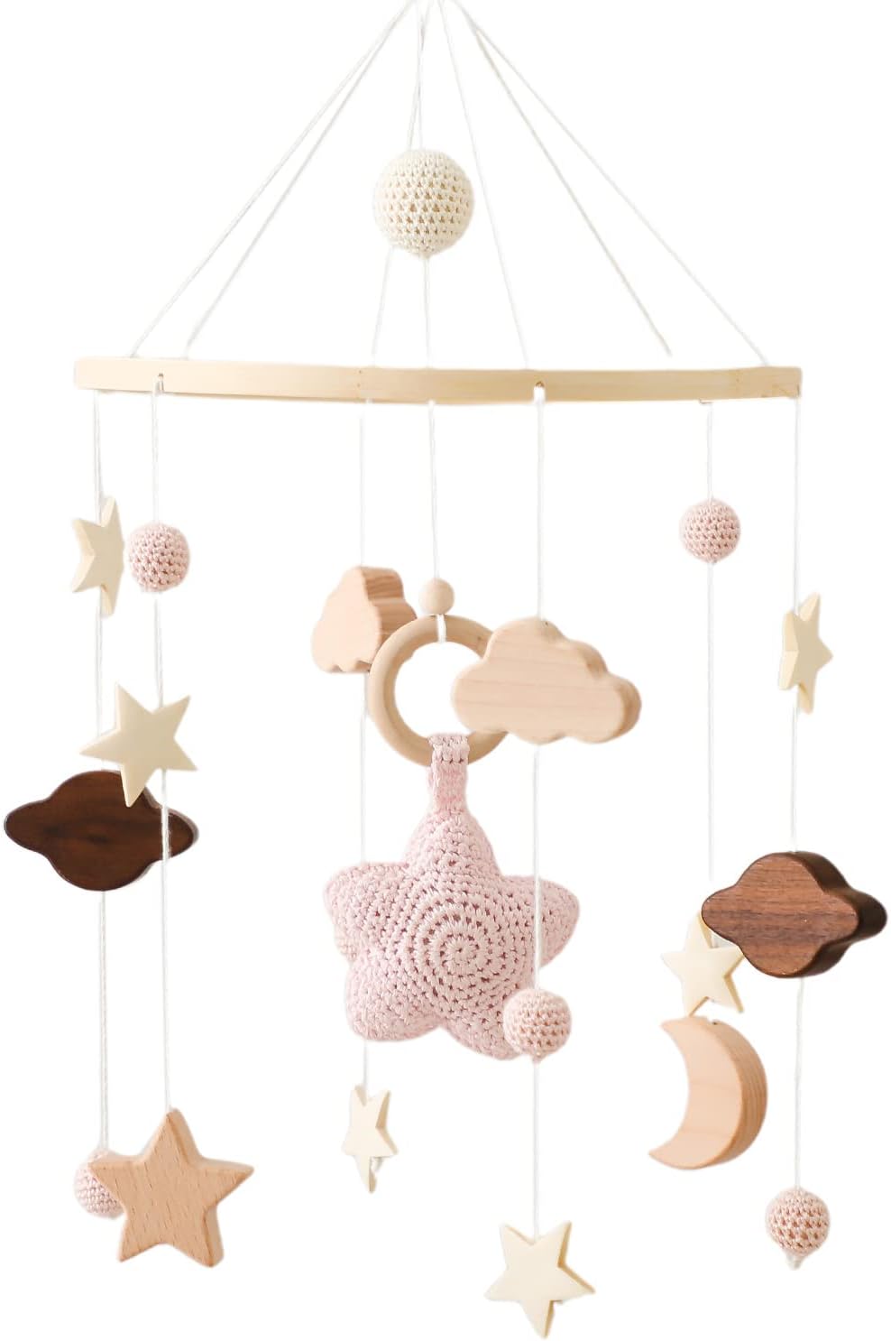 Promise Babe Baby Wind Chimes Moon Stars Mobile Handmade Crochet Wood