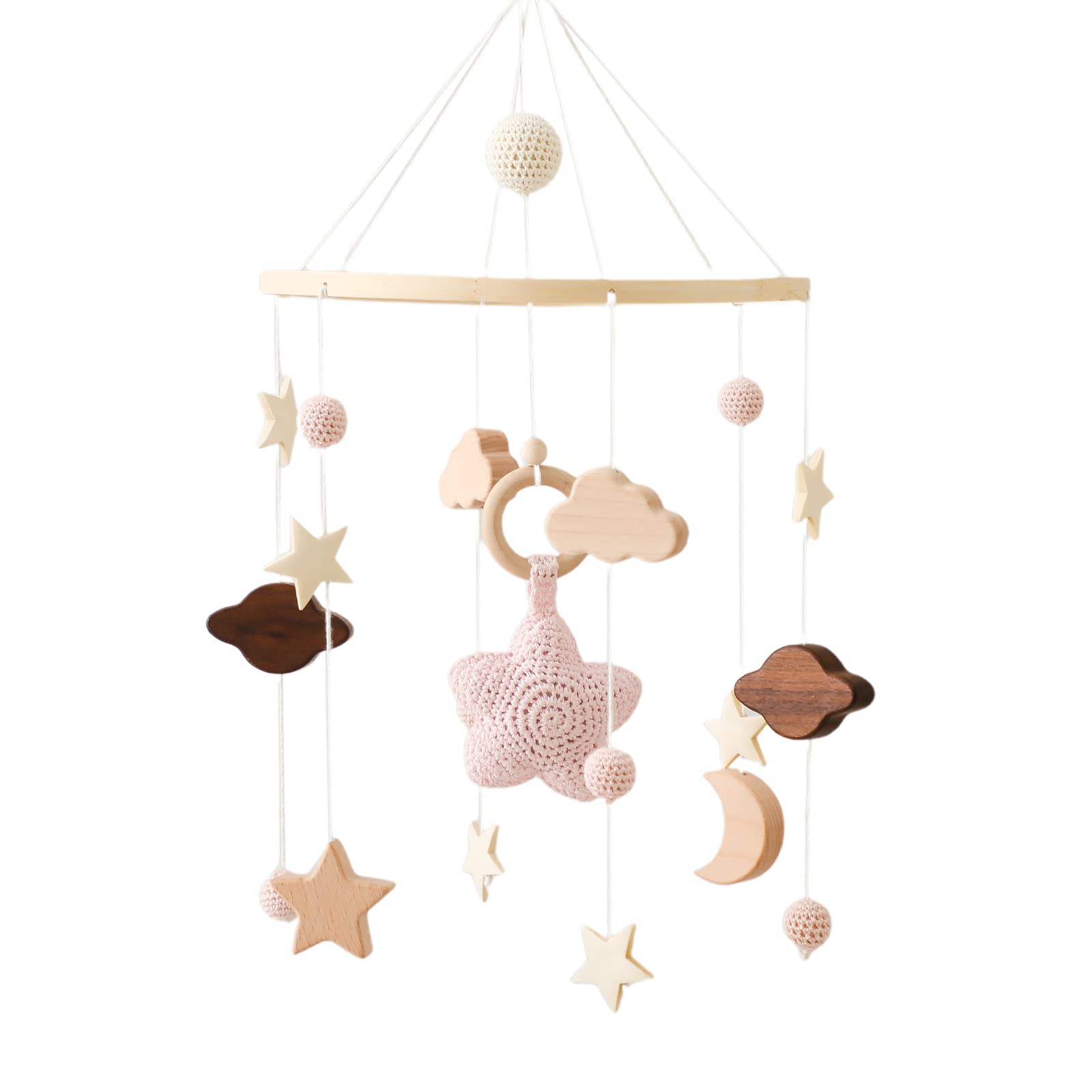 Promise Baby Wind Chimes with Clouds Moon Stars Mobile Handmade Wooden Crocheted Baby Newborn Boy Girl Bed Bell Pendant for Hanging