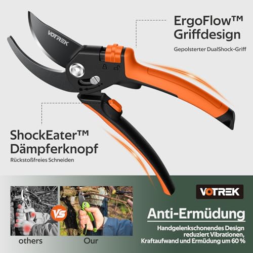 VOTREK 8.5 inch bypass secateurs with continuous handle opening, professional rose shears & pruning shears with SK5 steel and internal spring for effortless cutting - ideal for weak hand strength. Bracelet: Gift