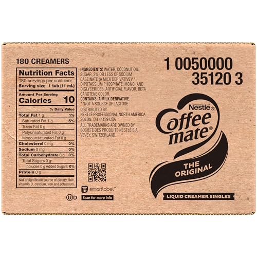 NESTLE COFFEE MATE COFFEE CREAMER, ORIGINAL, LIQUID CREAMER SINGLES, NON DAIRY, NO REFRIGERATION, 0.375 FL OZ TUBS (PACK OF 180)