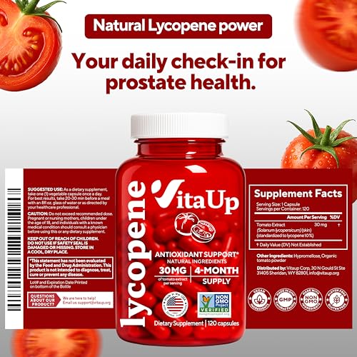 VitaUp Lycopene Supplements for Men – USA Made Prostate Supplements for Men with Natural Tomato Extract – Non-GMO Lycopene Supplement for Normal Prostate, Skin & Antioxidant Support – 120 Count