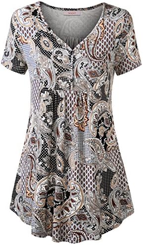 WAJAT Women's Short Sleeve V Neck Front Pleated Flared Comfy Loose Tunic Top Brown Floral XL
