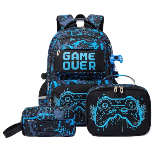 Amythe 3-Piece Luminous Backpack for Boys and Girls, Waterproof Durable School Bag, Children's School Bag with Lunch Bags and Large Capacity Pencil Case for Travel, Blue