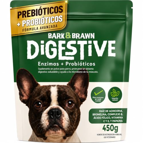 BARK & BRAWN Digestive para Perros 450g | Probióticos, Prebióticos y Enzimas Digestivas | con Raíz de Achicoria, Bromelina, Papaína, Linaza y Omega 3 | Probioticos Perro | hasta 90 Porciones