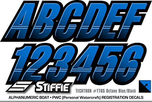 STIFFIE Techtron Octane Blue/Black 3" Boat & PWC Registration Decals • Numbers Letters Stickers