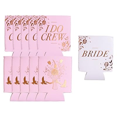 I DO CREW 11 Pack Bachelorette Party, Bridal Shower, & Wedding Favor Beverage Cooler Koozie | 10 Pink, 1 White BRIDE | Neoprene Sleeve for Cans & Bottles | Decorations, Party Supplies