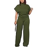 PINSV Lounge Sets For Women Casual 2 Piece Outfits Baggy Short Sleeve Top And Flare Pants Tracksuits