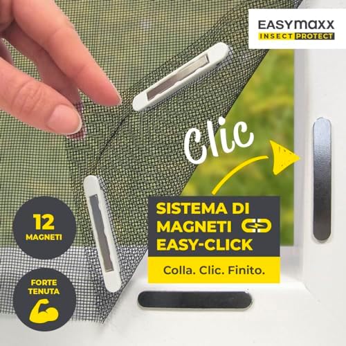 Zanzariera per finestre con Magic Click | Tagliata individualmente su misura per tutte le finestre fino a 150 x 130 cm | Facile installazione con 12 magneti - senza forare o avvitare [Nero]