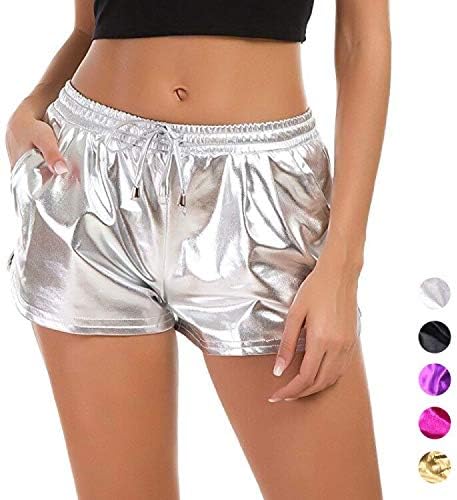 Women's Yoga Hot Shorts Shiny Metallic Pants with Elastic Drawstring Sparkle Rave Dance Shorts (Silver, S)