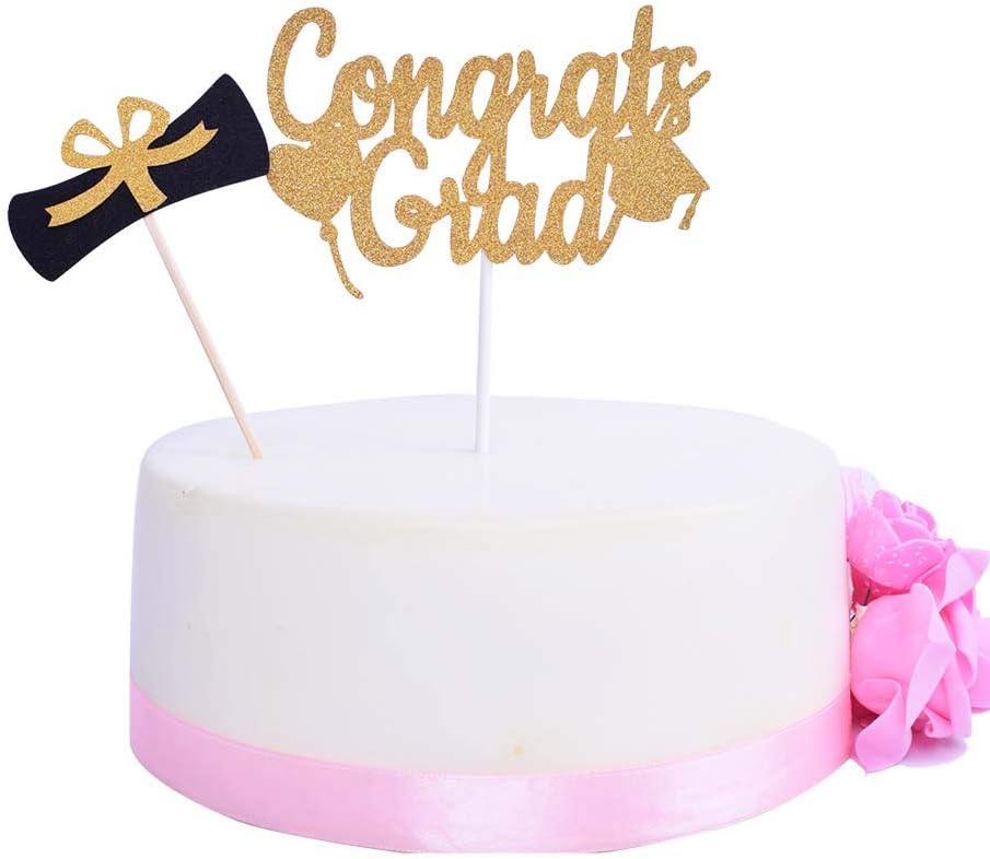 SHAMI 2021 Congrats Grad Cake Topper ,Graduation Party Supplies - Grad Cake Decoration Black and Gold
