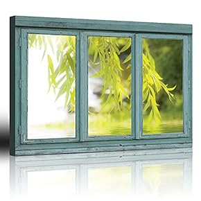 Vintage Teal Window Looking Out Into a Tree That Frames a Lake - Canvas Art Home Art - 24x36 inches