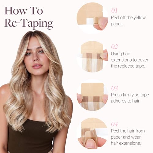 GOO GOO Adhesive Hair Extensions Natural Hair, 50 cm 20pcs 50 g Walnut Brown to Ash Brown and Whitish Blonde Hair Extensions, Remy Hair Extensions Natural Real Human Hair