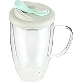 Restaurantware Glass Travel Mug 1 Count 15 Ounce Double Wall Borosilicate Reusable Coffee Cup, Spill-Resistant Gray and Green Silicone Lid, Clear Drinkware Mug for Hot and Cold Beverages