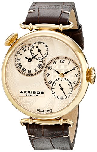 Akribos XXIV Men's AK796YG Dual Time Quartz Movement Watch with Yellow Gold Dial and Dark Brown with Cream Stitching Leather Strap